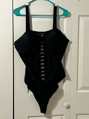 Black Hook-and-Eye Corset Bodysuit - Women Tops